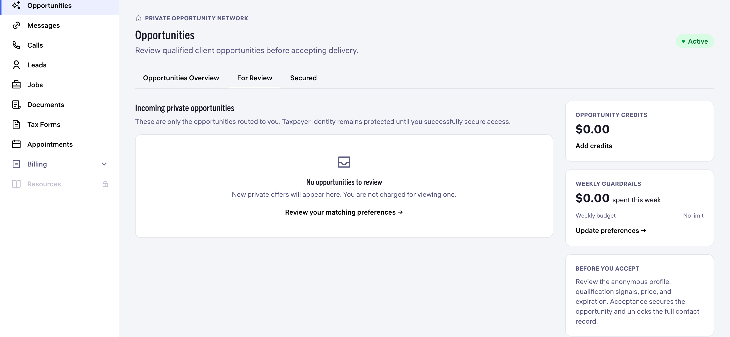 Actual For Review page with Opportunities selected, an empty offer list, opportunity credits and weekly guardrails.
