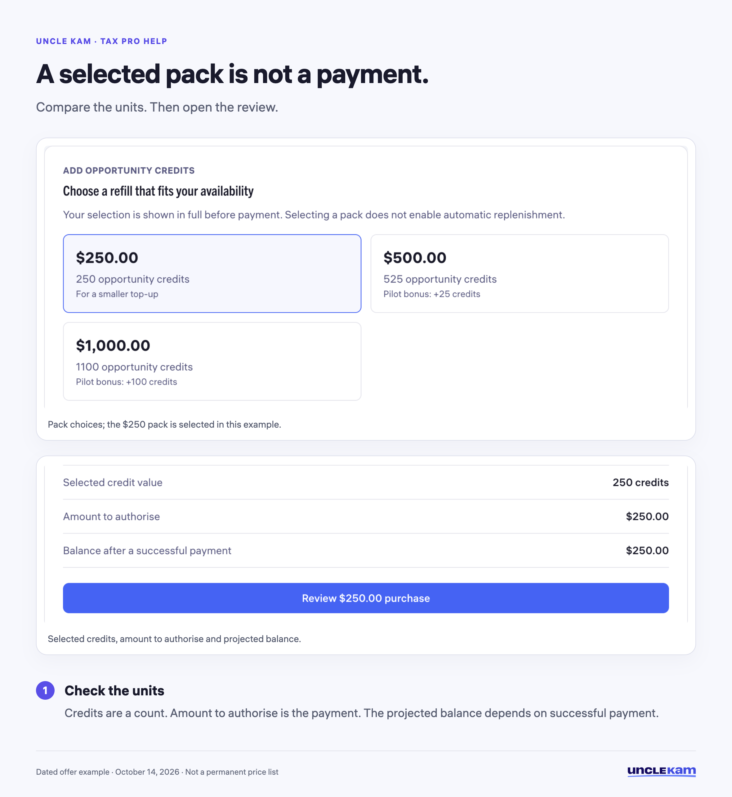A selected pack is not a payment.