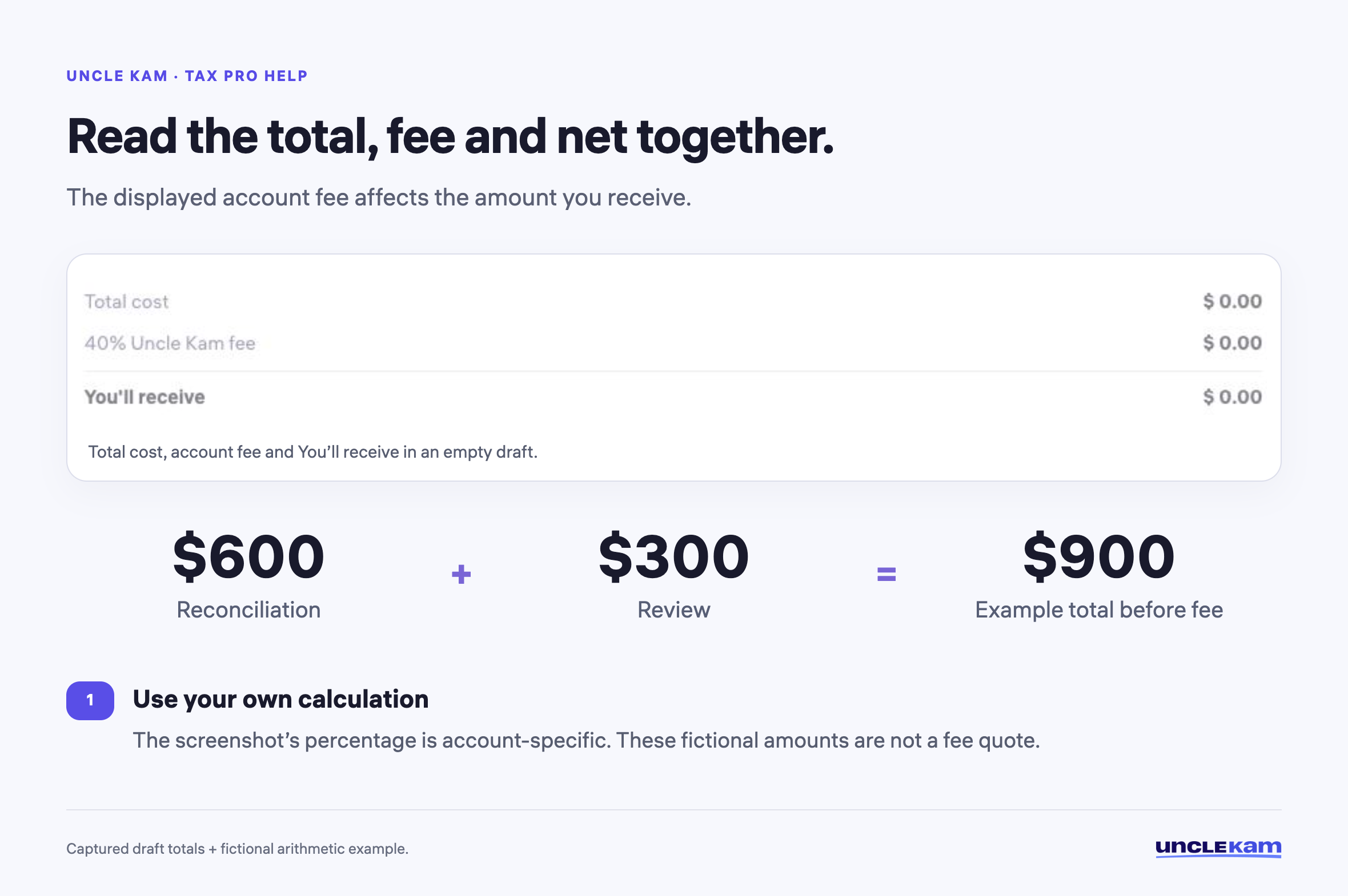 Read the total, fee and net together.