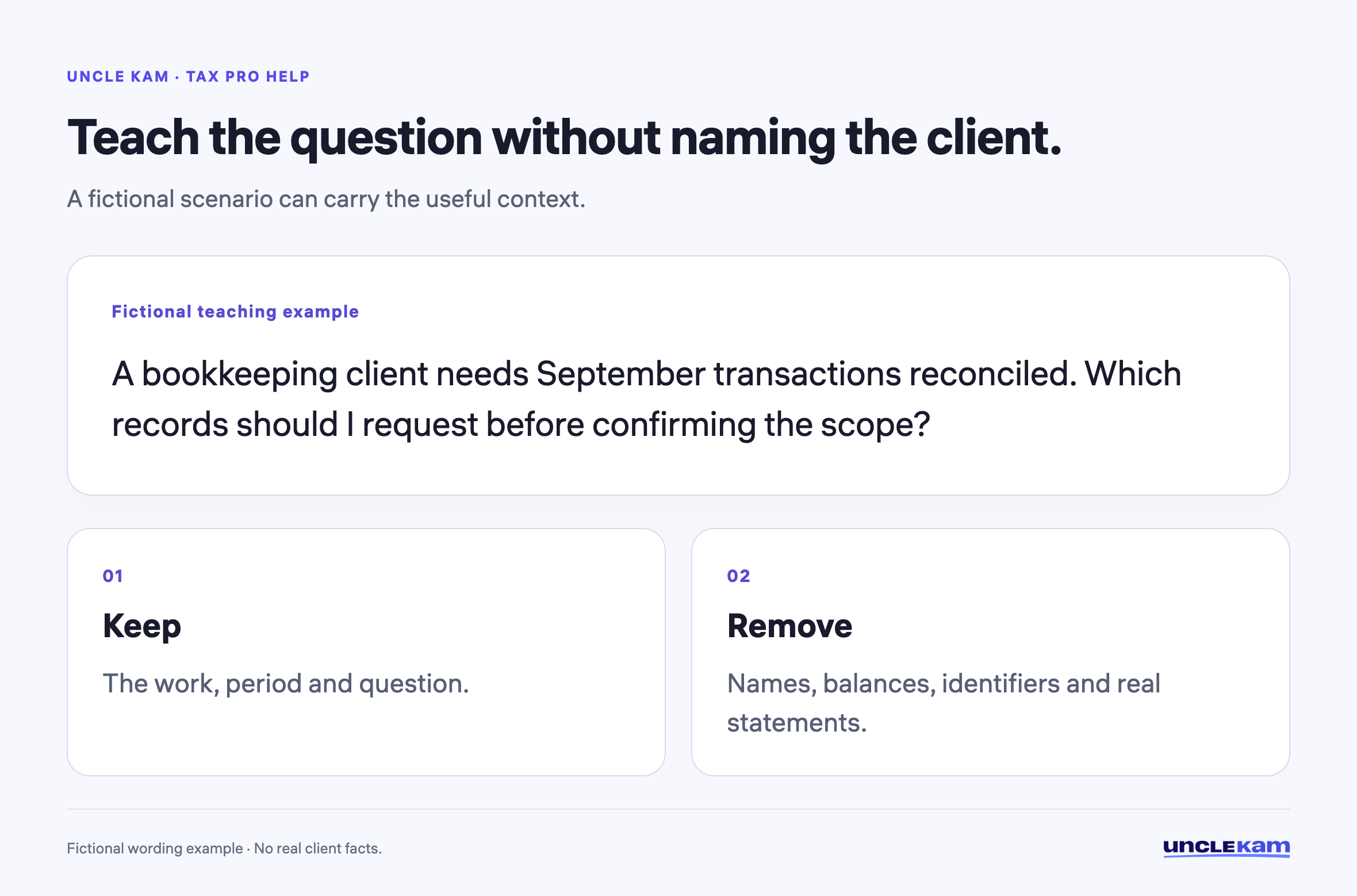 Teach the question without naming the client.